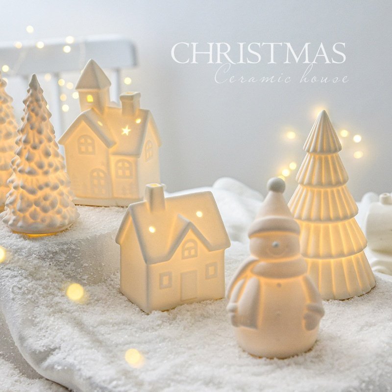 Ceramic Luminous Christmas Tree / Small House / Snowman Desktop Decoration